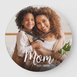 Grande Horloge Ronde Mom Established Date White Script Custom Photo