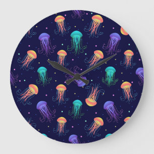 Grande Horloge Ronde Monde de méduses sous-marines : motif lumineux.