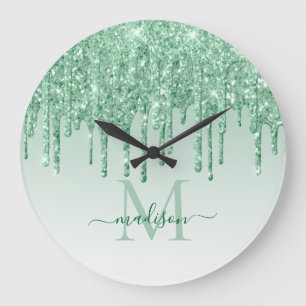 Grande Horloge Ronde Monogramme à goutte de Parties scintillant verte 