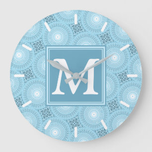 Grande Horloge Ronde Monogramme ange bleu cercles motif