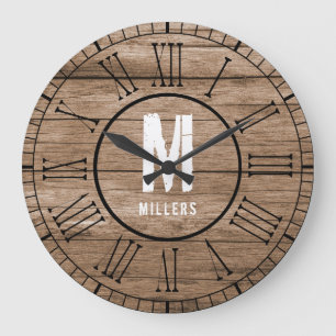 Grande Horloge Ronde Monogramme de la famille Brown rustique Bois Patin