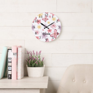 Grande Horloge Ronde Monogramme de papillon rose mou