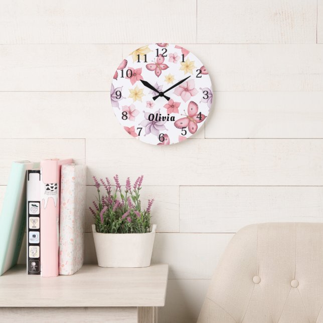 Grande Horloge Ronde Monogramme de papillon rose mou (Salle de lecture)