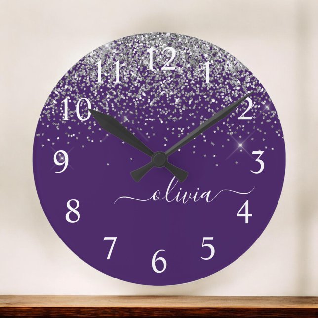 Grande Horloge Ronde Monogramme de Parties scintillant d'argent violet (Créateur téléchargé)