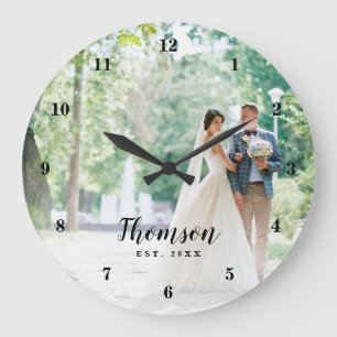 Grande Horloge Ronde Monogramme de photo de mariage personnalisé