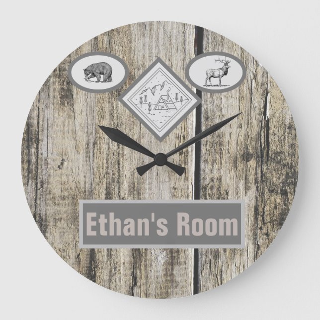 Grande Horloge Ronde Monogramme d'ours et d'élans rustique (Recto)