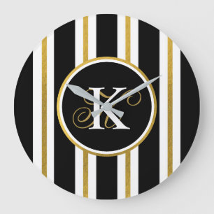 Grande Horloge Ronde Monogramme Elégant Noir & Or Personnalisé