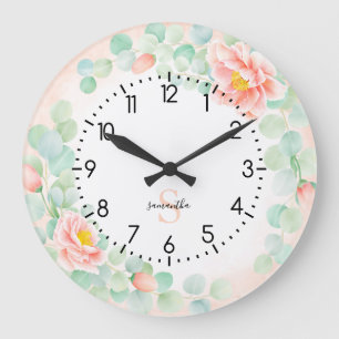 Grande Horloge Ronde Monogramme Eucalyptus Feuille Peony Floral Peach S