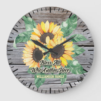 Grande Horloge Ronde Monogramme floral de tournesol rustique