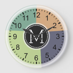 Grande Horloge Ronde Monogramme Moderne Couleurs Rétro Géométrique #4