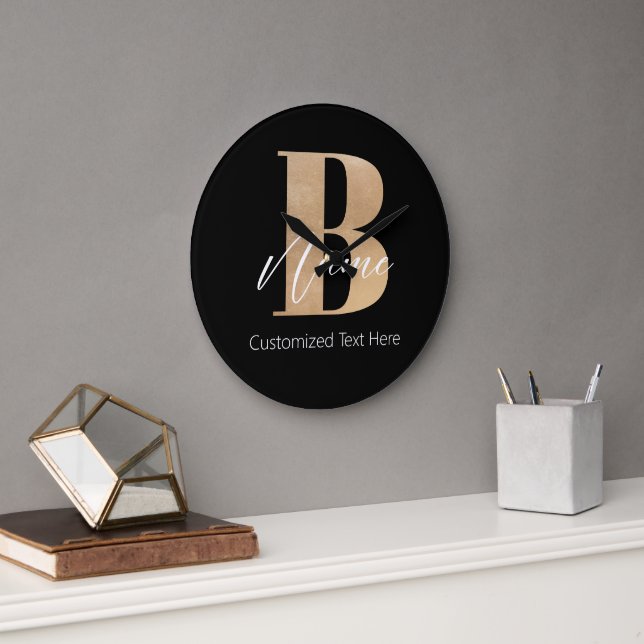 Grande Horloge Ronde Monogramme moderne Initiale B & Nom Personnalisé (Bureau)