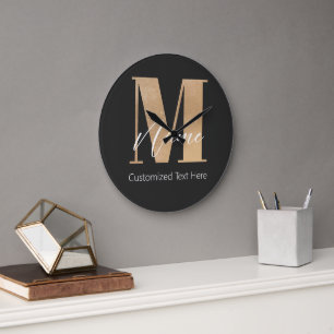 Grande Horloge Ronde Monogramme moderne M & Nom initial Personnalisé