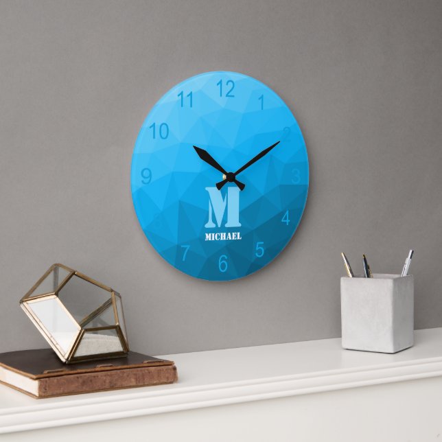 Grande Horloge Ronde Monogramme Motif de maillage cyclique bleu (Bureau)