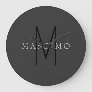 Grande Horloge Ronde Monogramme Noir Professionnel Gris Votre Nom