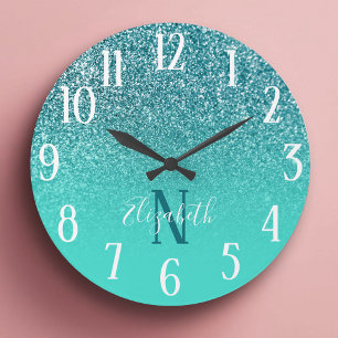 Grande Horloge Ronde Monogramme Ombre Turquoise et Parties scintillant 