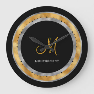 Grande Horloge Ronde Monogramme personnalisé avec feuille d'argent et d