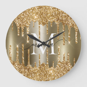 Grande Horloge Ronde Monogramme personnalisé avec gouttes de paillettes