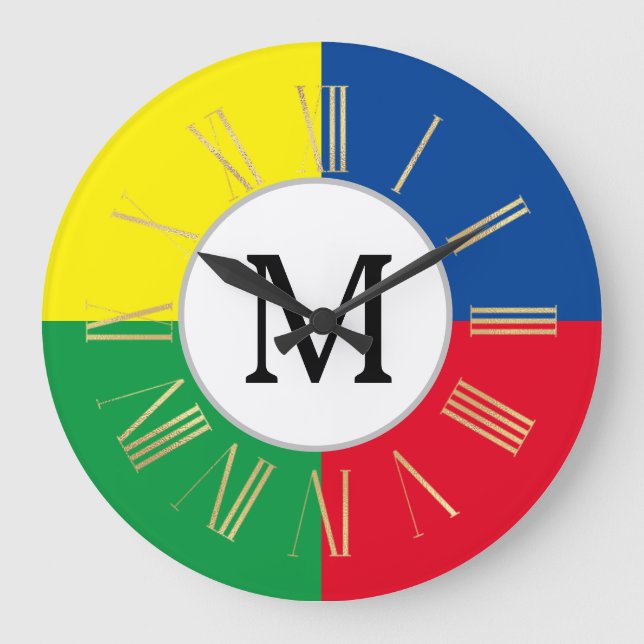 Grande Horloge Ronde Monogramme personnalisé Carré coloré initial (Recto)