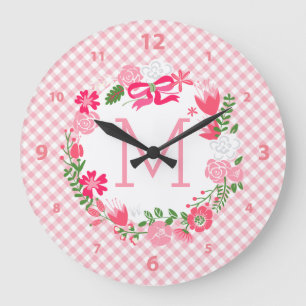 Grande Horloge Ronde Monogramme personnalisé Fille rose fleurie