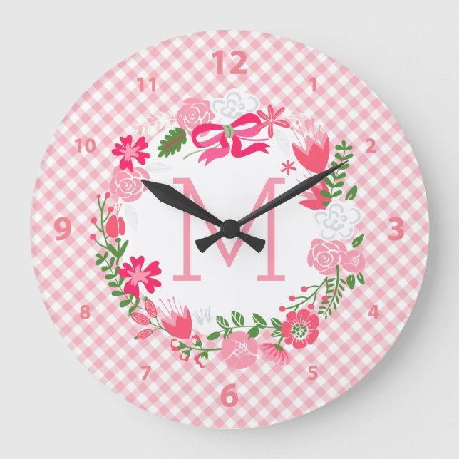 Grande Horloge Ronde Monogramme personnalisé Fille rose fleurie (Recto)