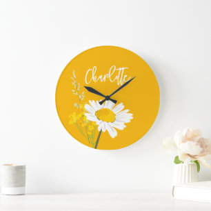 Grande Horloge Ronde Monogramme personnalisé Fleur sauvage de marguerit