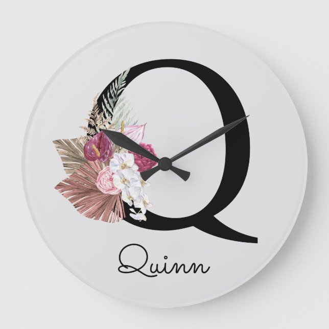 Grande Horloge Ronde Monogramme Rose Boho Féminin Floral Initiale Q (Recto)