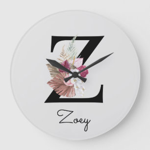 Grande Horloge Ronde Monogramme Rose Boho Féminin Floral Initiale Z