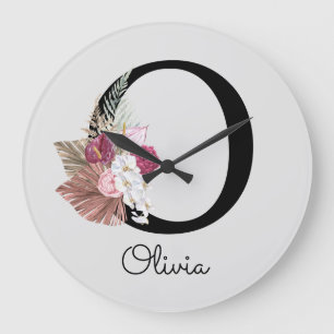 Grande Horloge Ronde Monogramme Rose Boho Floral Initiale O