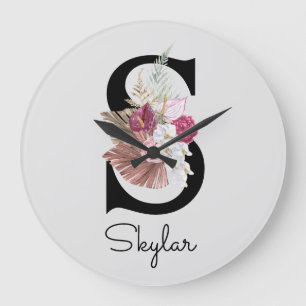 Grande Horloge Ronde Monogramme Rose Boho Girl Floral Initial S