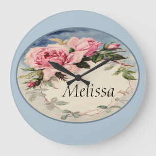 Grande Horloge Ronde Monogramme rose de guirlande de feuille de cru