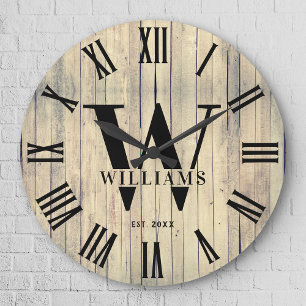 Grande Horloge Ronde Monogramme rustique Nom de famille personnalisé de