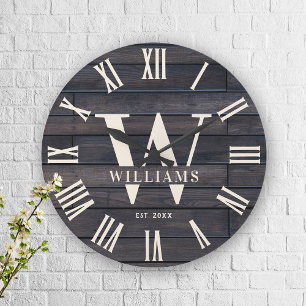 Grande Horloge Ronde Monogramme Rustique Nom de Famille Personnalisé Ma