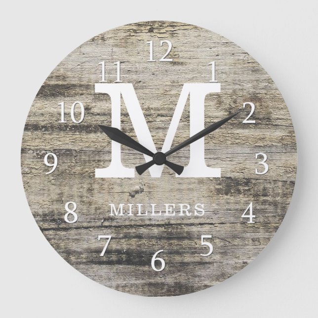Grande Horloge Ronde Monogramme rustique personnalisé en bois de ferme (Recto)