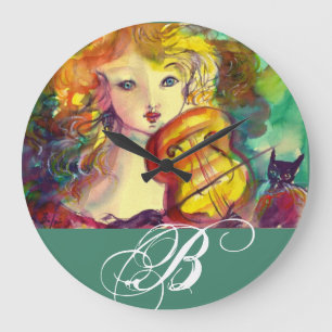 GRANDE HORLOGE RONDE MONOGRAMME VIOLINISTE, VIOLIN ET CHAT