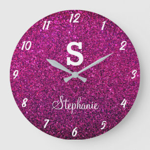 Grande Horloge Ronde Monogrammes Pailletés Violet Rose Cadeau Moderne