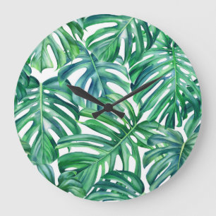 Grande Horloge Ronde Monstera Feuilles : Aquarelle Motif Jungle.