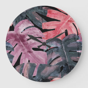 Grande Horloge Ronde Monstère monochrome : Aquarelle Motif tropical.