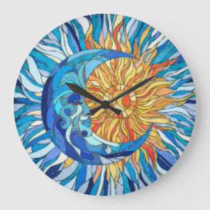 Grande Horloge Ronde Mosaïque du soleil et de la lune