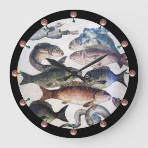 GRANDE HORLOGE RONDE MOSAÏQUES ROMAINES ANTIQUES, POISSONS, ESPACE DE V