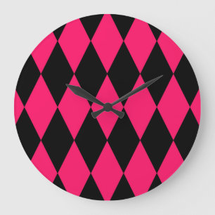 Grande Horloge Ronde Motif à carreaux diamants Harlequin noir rose