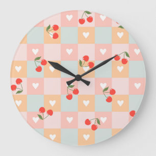 Grande Horloge Ronde Motif à carreaux pastel cerise et cœur
