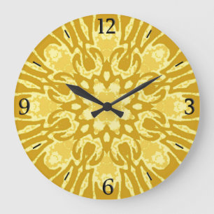 Grande Horloge Ronde Motif à fleurs Mandala - Or de moutarde et Jaune