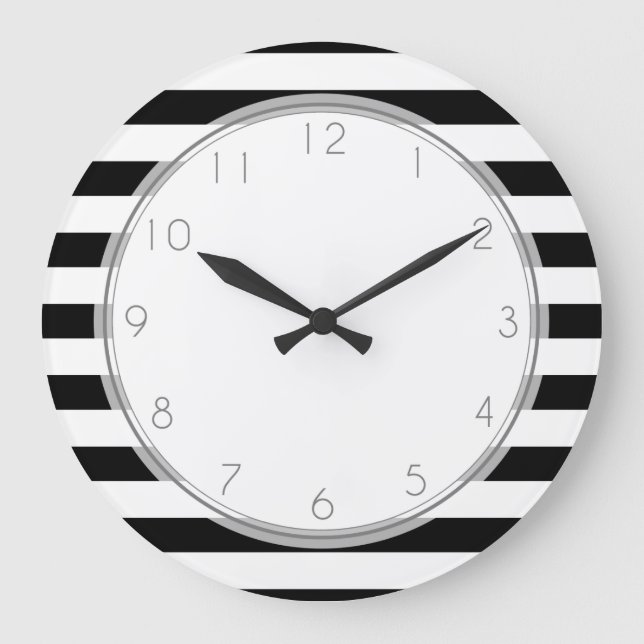 Grande Horloge Ronde Motif à rayures noir et blanc (Recto)
