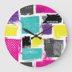 Grande Horloge Ronde Motif Abstrait rétro-Carré Neon