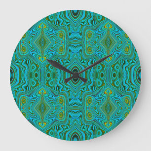 Grande Horloge Ronde Motif Abstrait Turquoise Chartreuse Rétro Tripant
