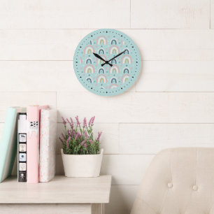Grande Horloge Ronde Motif arc-en-ciel blanc mignon