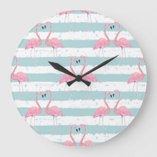 Grande Horloge Ronde Motif Arrière - plan Exotique Flamant rose rayé