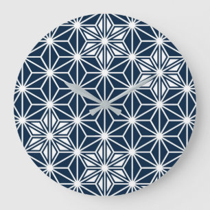 Grande Horloge Ronde motif Asanoha japonais - bleu indigo et blanc