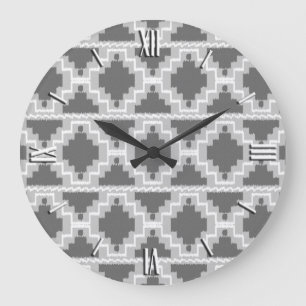 Grande Horloge Ronde Motif Aztec Ikat - Gris foncé et clair