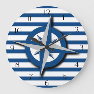 Grande Horloge Ronde Motif boussole et rayures inspiré du nautique